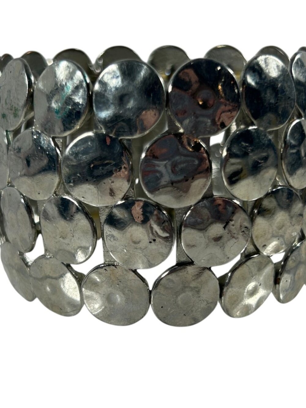Silver Tone Hammered Disc Stretch Bracelet Wide Boho Statement Chunky